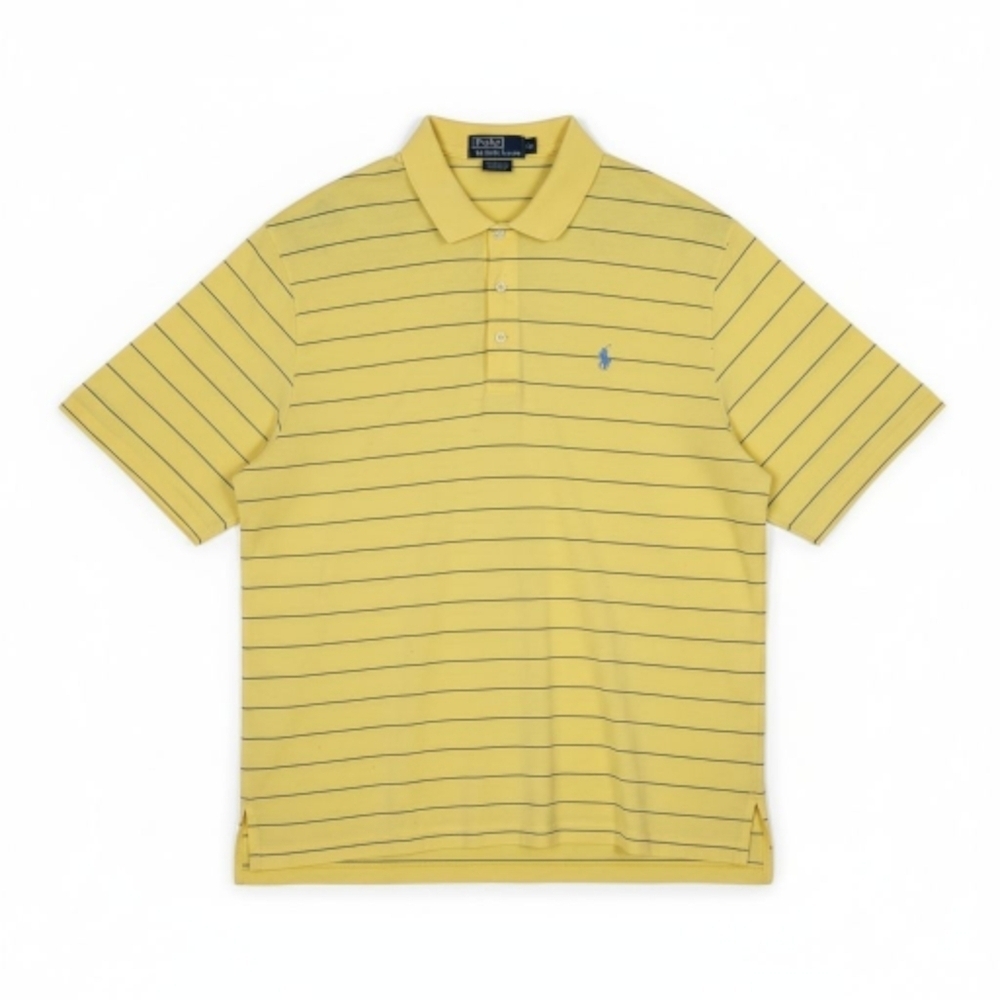 Polo Ralph Lauren Polo Shirt Men XL Yellow Navy Stripes Short Sleeve Pima Cotton